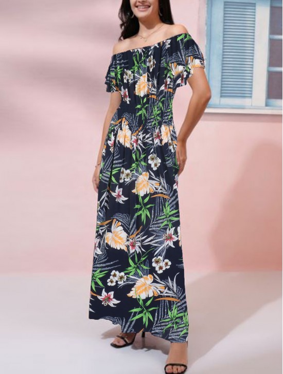 Off-The-Shoulder Floral Print Midi Dress